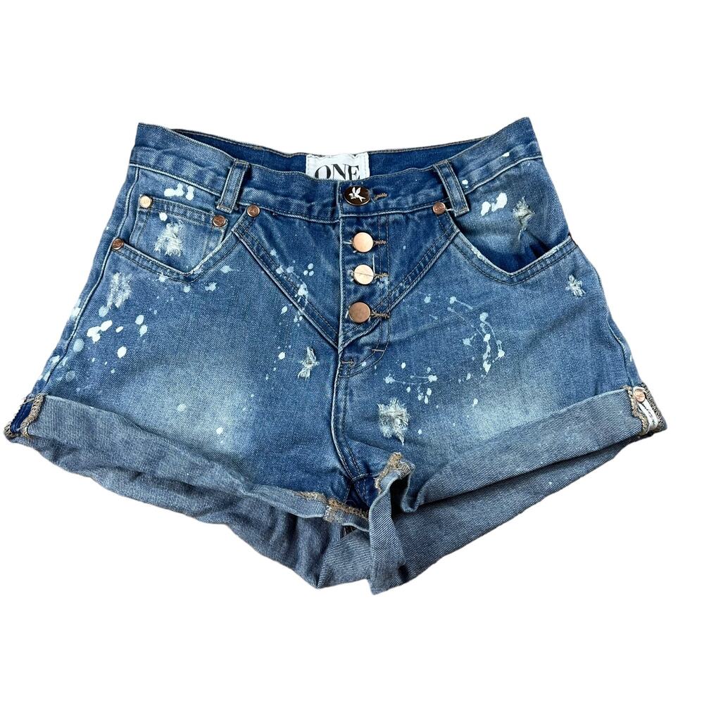 ONE TEASPOON Hawks Shorts Distressed Splatter Denim Sizeâ 26 Button Fly Blue